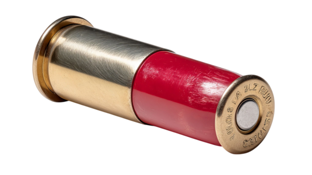 PNG of Close-up of a shotgun shell featuring a brass base and vibrant red casing, highlighting its detailed craftsmanship.