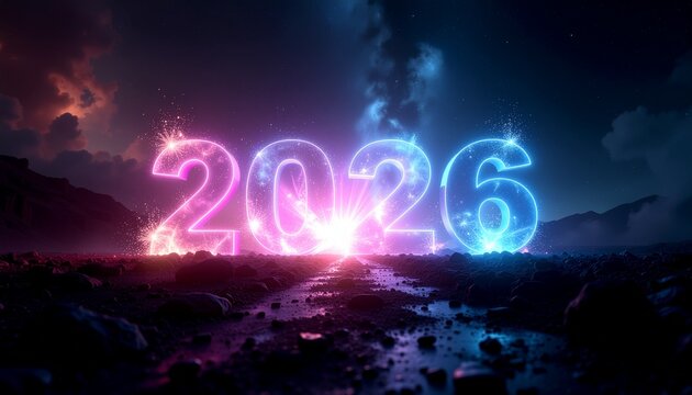 Neon 2026 numbers with bright flare and glowing particles