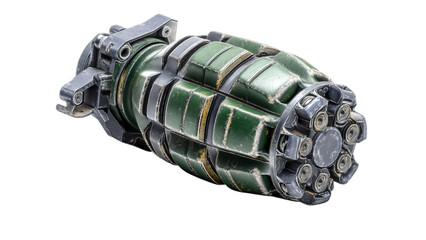 Fototapeta premium PNG of A detailed close-up of a green vintage hand grenade, showcasing its weathered surface and intricate design.