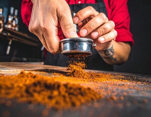 Barista's skilled hands precisely tamping fragrant coffee grounds for brewing espresso creating a