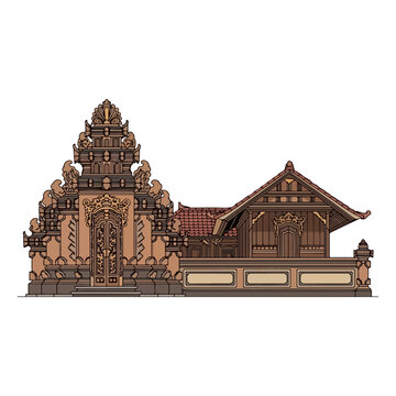 Traditional Balinese Temple Gate Candi Bentar Structure Ornate Carvings Detailed Architectural Design Illustration