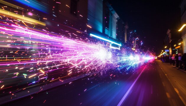 Neon light trails and sparks exploding over city street at night
