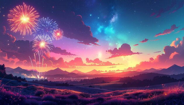 Vibrant fireworks explode over a colorful twilight landscape