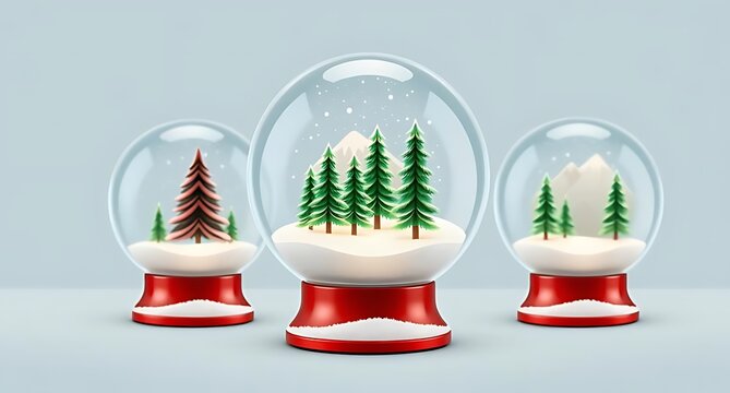 glass snow balls featuring snow-covered slopes and winter fir trees. Realistic Christmas snowball globes and New Year's snowball decorations with spherical bases and glossy transparent glass domes