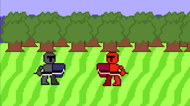 Pixel art of a knight walking through a forest and attacking another red knight with his sword, on a green background. 32 bits