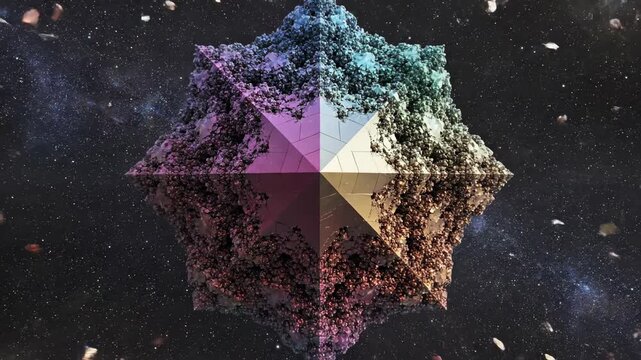 Complex geometric fractal planes rapidly intersect and collapse inward creating an endless loop of spatial decomposition and reconstruction decomposition, seamless, generative