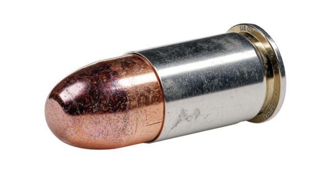 PNG of A close-up of a copper-tipped bullet on a white background, showcasing its metallic finish and design. - Powered by Adobe