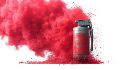 PNG of A weathered red fire extinguisher surrounded by vibrant red smoke, symbolizing safety and fire prevention.