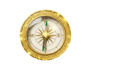 Golden compass with needle pointing north isolated on transparent background