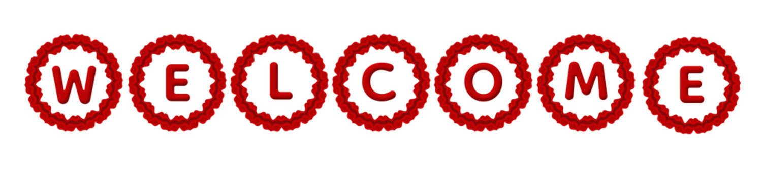 The word &ldquo;WELCOME&rdquo; displayed inside vibrant 3D red rosette ribbon&ndash;style circular frames .The glowing ribbon-like edges create a premium award-inspired look,making the artwork ideal for banners