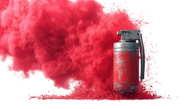 PNG of A weathered red fire extinguisher surrounded by vibrant red smoke, symbolizing safety and fire prevention.