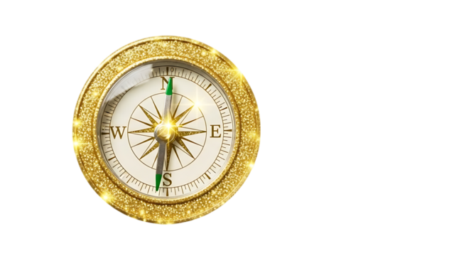 Golden compass with needle pointing north isolated on transparent background