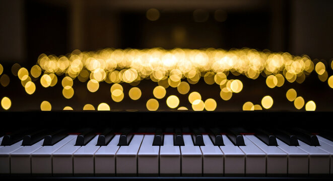 ピアノの鍵盤と奥に輝くクリスマスのイルミネーション、聖夜の演奏をイメージした背景素材、コピースペース