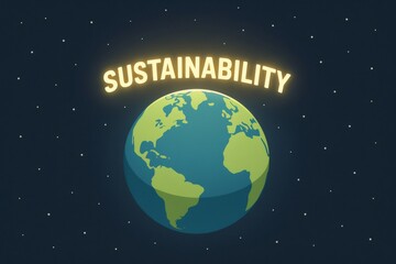 Fototapeta premium Earth in space with the glowing word SUSTAINABILITY above, representing environmental protection and global responsibility