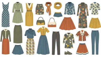 Vintage Fashion Clothing Vector Set with Retro Patterns and Muted Colors for Lifestyle Brands