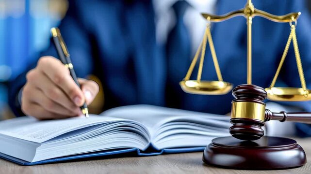 Open book judge gavel law scale legal document courtroom justice lawyer litigation contract research professional focus authority, law justice legal