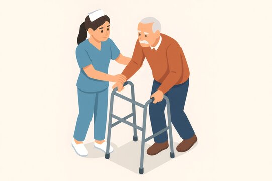 Nurse supporting elderly man with walker during mobility assistance in clinic, promoting safety, rehabilitation, and compassionate care