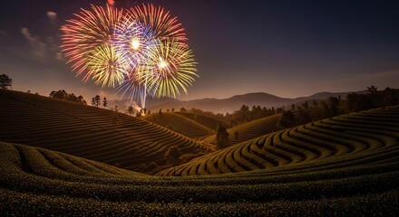 Spectacular fireworks display over terraced fields at night.