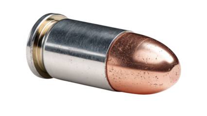 PNG of Close-up of a metallic bullet with a copper tip, showcasing its detailed craftsmanship and design.