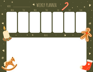 December weekly planner. Printable Holiday diary. Vector.