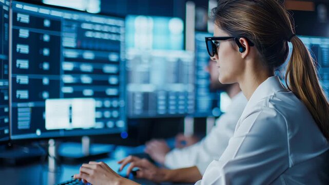 Cybersecurity analyst woman office computer with multiple monitors and data dashboard dark control room professional focus real time analytics