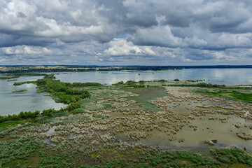 Aerial drone view of Nyskie Lake and protected nature reserve shoreline in Opole region Poland, tranquil water surface, natural wetlands, green forests and scenic landscape