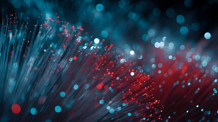 Shimmering optical fiber network with red and teal light points creating dynamic bokeh and futuristic mood