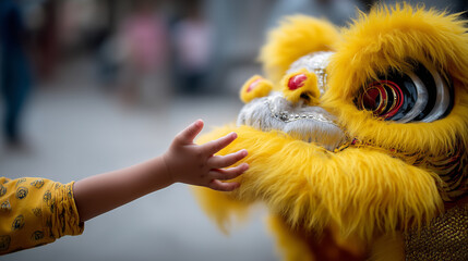 Close-up Chinese New Year lion dance mask, child's joyful hand touching it, shallow DOF, storytelling scene, 