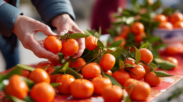 Close-up Chinese New Year hands placing mandarins on festive outdoor table, symbolic prosperity moment, soft daylight, 