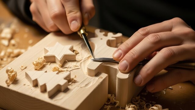 Close-up of a person's hands carving a wooden puzzle with a chisel on a workbench with scattered wood shavings in a workshop with a focused and creative mood.