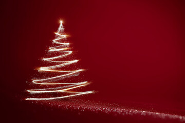 a white christmas tree is formed by light rays on a red background. the glittering gold lines form the shape of a christmas tree, creating an elegant and festive atmosphere.