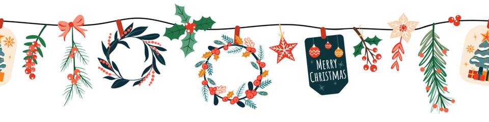 Seamless pattern border for Christmas and New Year festival with cute hanging wreath, holly and cute ornaments in red and green color tones on a transparent background.