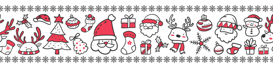Seamless pattern border for Christmas and New Year festival with cute Santa Clauses, reindeers, gifts, snowflakes, and lines in red, grey and white colors on a transparent background.