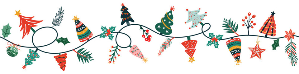 Fototapeta premium Seamless pattern border for Christmas and New Year festival with cute garland and Christmas tree in red and green color tones on a transparent background.