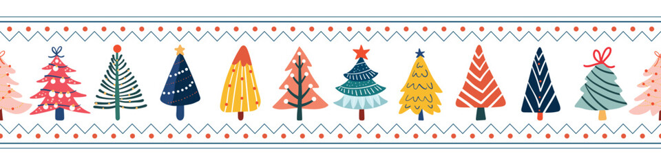 Seamless pattern border for Christmas and New Year festival with cute Christmas trees, dots and lines in colorful colors on a transparent background.