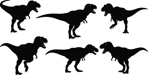 Fearsome Tyrannosaurus Rex Dinosaur Silhouettes Vector Collection, Illustrating Prehistoric Creatures in Dynamic Poses, Emphasizing Wildlife, Jurassic Era, Paleontology, and Powerful Animal Predation.