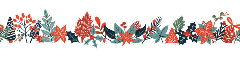 Seamless pattern border for Christmas and New Year festival with cute poinsettia, holly, and pine branches in red and green color tones on a transparent background.