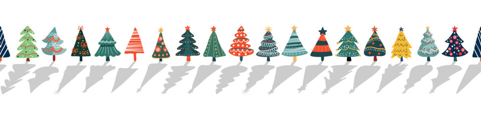 Seamless pattern border for Christmas and New Year festival with cute various Christmas tree in colorful color tones on a transparent background.