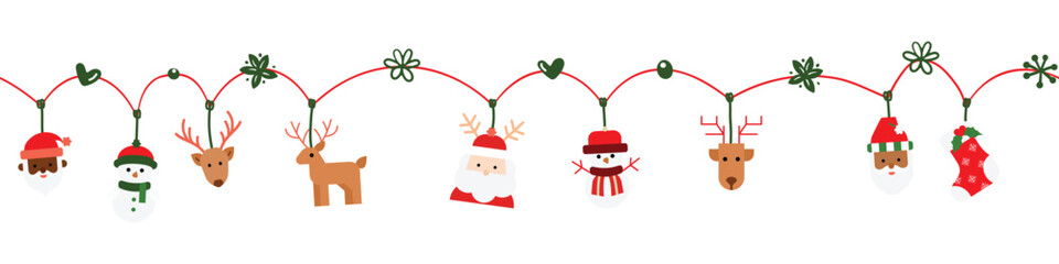 Seamless pattern border for Christmas and New Year festival with cute hanging ornaments, Santa Claus, Reindeer, and snowman in red and green color tones on a transparent background.