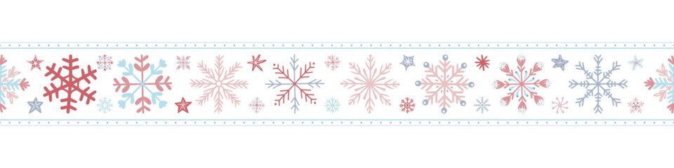 Seamless pattern border for Christmas and New Year festival with snowflakes stripe in pastel red and blue color tones on a transparent background.