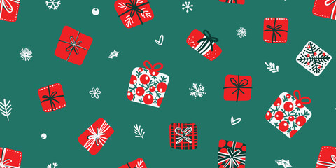 Seamless pattern for Christmas and New Year festival with cute various gifts and cute festive elements in red and white color tone on plain green background.
