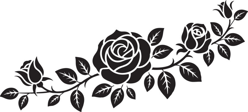 Elegant Rose Branch Silhouette Vector With Leaves for Decor or Floral Ornament and Vintage Decoration on Transparent Background