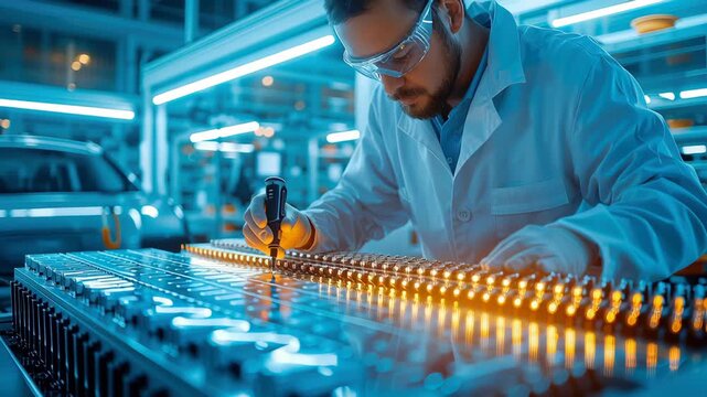 Engineer laboratory battery assembly precision technology manufacturing automation innovation energy module cell pack production inspection electric