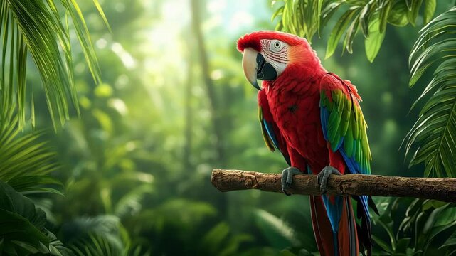 Scarlet macaw tropical bird red feather on jungle branch wings spread vivid color in rainforest light wildlife portrait with lush green foliage