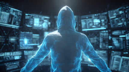 Cyberpunk hacker hologram hood silhouette code cybersecurity data network digital virtual futuristic blue glow matrix interface screen terminal