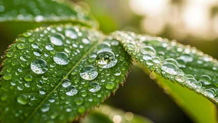 Macro close up of fresh green leaf with water drops in morning light