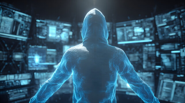 Cyberpunk hacker hologram hood silhouette code cybersecurity data network digital virtual futuristic blue glow matrix interface screen terminal