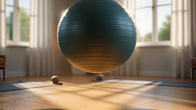 Teal yoga ball bouncing on a wooden floor in a sunlit home gym, showcasing fitness concepts in a realistic 3D animation.