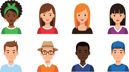 Diverse People Face Avatar Set Vector Illustration Showing Men and Women Characters Different Ethnicity Age and Style Flat Design Concept