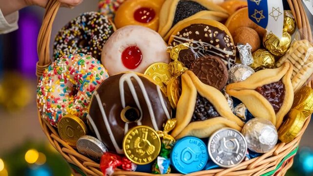 Hand arranging festive donut and cookie gift basket with colorful decorations
